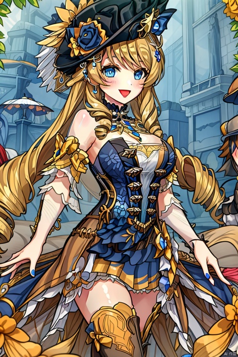 1girl, solo, long hair, breasts, looking at viewer, blush, smile, open mouth, bangs, blue eyes, blonde hair, large breasts, thighhighs, hat, dress, holding, cleavage, bare shoulders, jewelry, flower, :d, boots, detached sleeves, necklace, nail polish, strapless, rose, umbrella, thigh boots, drill hair, strapless dress, blue nails, blue flower, holding umbrella, parasol, yuanshen