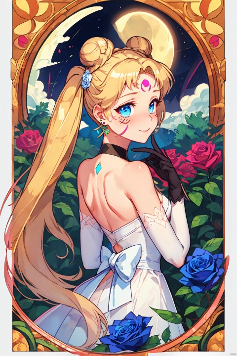   blue_flower,blue_rose,pink_rose,purple_rose,red_rose,rose,white_rose,tsukino_usagi,black_rose,double_bun,flower,1girl,crescent,yellow_rose,pink_flower,thorns,crescent_facial_mark,blonde_hair,black_flower,rose_petals,gloves,crescent_moon,bow,squiggle,spoken_squiggle,princess_serenity,white_gloves,purple_flower,green_flower,dress,elbow_gloves,facial_mark,solo,rose_print,back_bow,white_flower,earrings,twintails,blue_eyes,very_long_hair,venus_symbol,forehead_mark,red_flower,jewelry,moon,