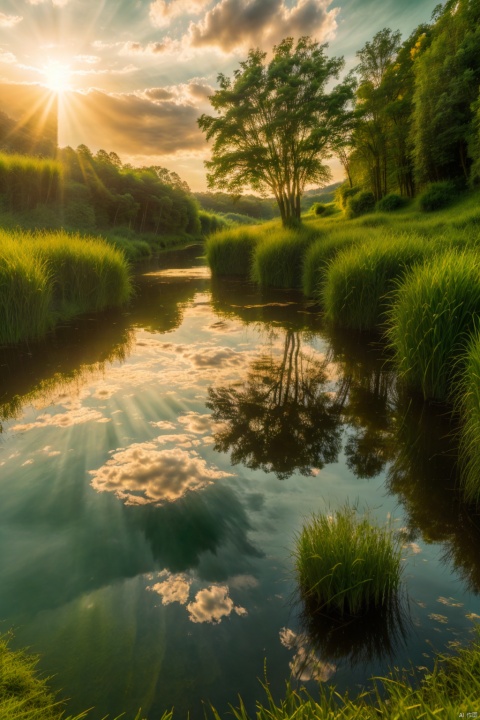  outdoors, sky, cloud, tree, no humans, sunlight, cloudy sky, grass, plant, nature, scenery, reflection, sunset, sun, road