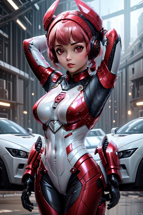  1girl, arms up, bangs, bodysuit, breasts, covered navel, cropped jacket, gloves, headphones, impossible bodysuit, jacket, large breasts, long hair, long sleeves, looking at viewer, lying, medium breasts, on back, parted lips, pink bodysuit, pink eyes, pink hair, puffy sleeves, red jacket, shrug \(clothing\), skin tight, solo, twintails,alice \(nikke\),(masterpiece:1.4),(best quality:1.4),(shiny skin),realistic, Electroplating paint