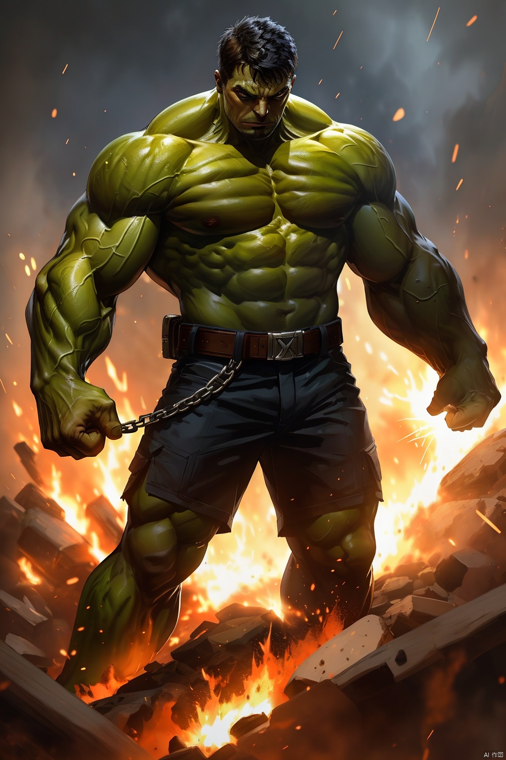 1boy,bald,belt,colored skin,explosion,fire,glowing,green skin,male focus,muscular,solo