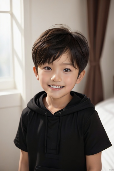 solo, looking at viewer, smile, short hair, brown hair, shirt, black hair, 1boy, brown eyes, short sleeves, male focus, teeth, indoors, hood, grin, blurry, window, bed, curtains, child, realistic, male child