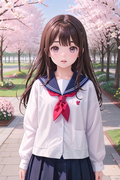  1girl, solo, long hair, looking at viewer, blush, open mouth, bangs, skirt, brown hair, shirt, long sleeves, brown eyes, school uniform, standing, upper body, flower, outdoors, parted lips, sky, serafuku, day, hand up, sailor collar, tree, blue sky, neckerchief, sleeves past wrists, petals, cardigan, blue sailor collar, cherry blossoms, red neckerchief, white cardigan, wmchahua, simple drawing, childpaiting