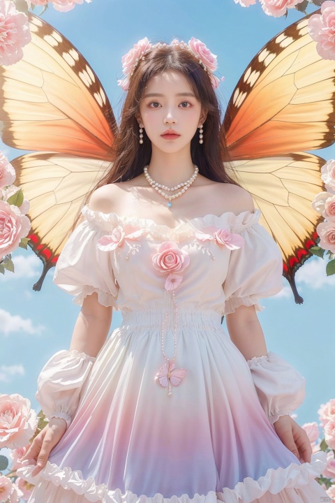  quality, 8K, extremely complex details, 1girl, lolita, careful eyes, looking_at_viewer, butterfly, gradient art, in the flower cluster, (rose:1.1), sky, (white cloud:0.9), full_shot, necklace, pearls andjewels, , 1girl, moyou, flowing skirts,Giant flowers,, Wide angle,hdr