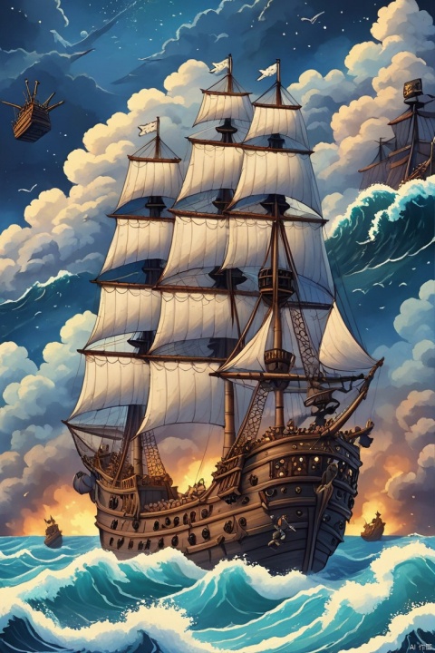 pubg style the image features a pirate ship sailing in the ocean, surrounded by rough waves and foamy sea spray. the pirate ship is large with three masts, each displaying sails that catch the wind as it moves forward. the background consists of a starry night sky, which adds an element of mystique to the scene. the style used in this artwork appears to be a mix of fantasy and realistic elements, creating a visually engaging and dramatic depiction of the pirate ship's voyage across the open waters. . realistic battle royale, survival mechanics, tactical combat