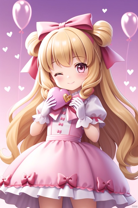  1girl, solo, long hair, looking at viewer, blush, smile, bangs, blonde hair, gloves, white background, dress, bow, holding, very long hair, closed mouth, short sleeves, hair bow, heart, one eye closed, puffy sleeves, white gloves, two side up, puffy short sleeves, hands up, black bow, pink bow, pink dress, ;\), balloon, holding balloon, heart balloon, eastern dragon