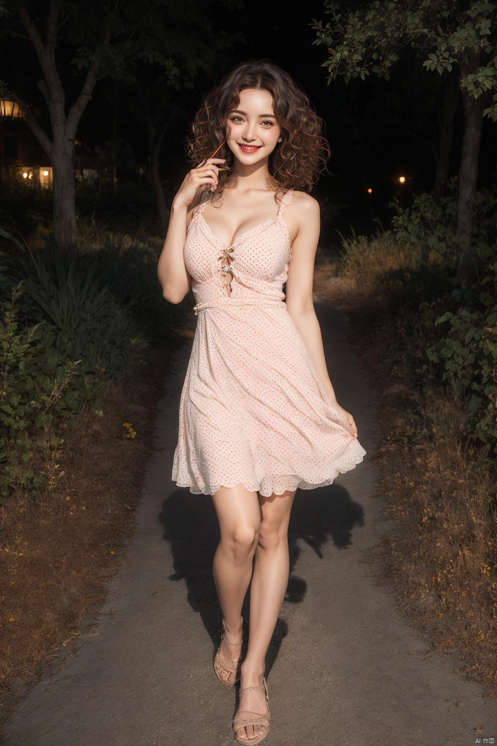 sensual 20 year old busty model posing seductively while looking at viewer,  curly finger wavy hair,  night,  dynamic scene,  brown hair,  vintage haircut,  open smile,  full body,  in a polkadot dress
wearing spotted short dress,  beautiful face,  32K,  top quality,  ultra detailed skin and face,  dark lighting,  stock picture.,real,photo, 