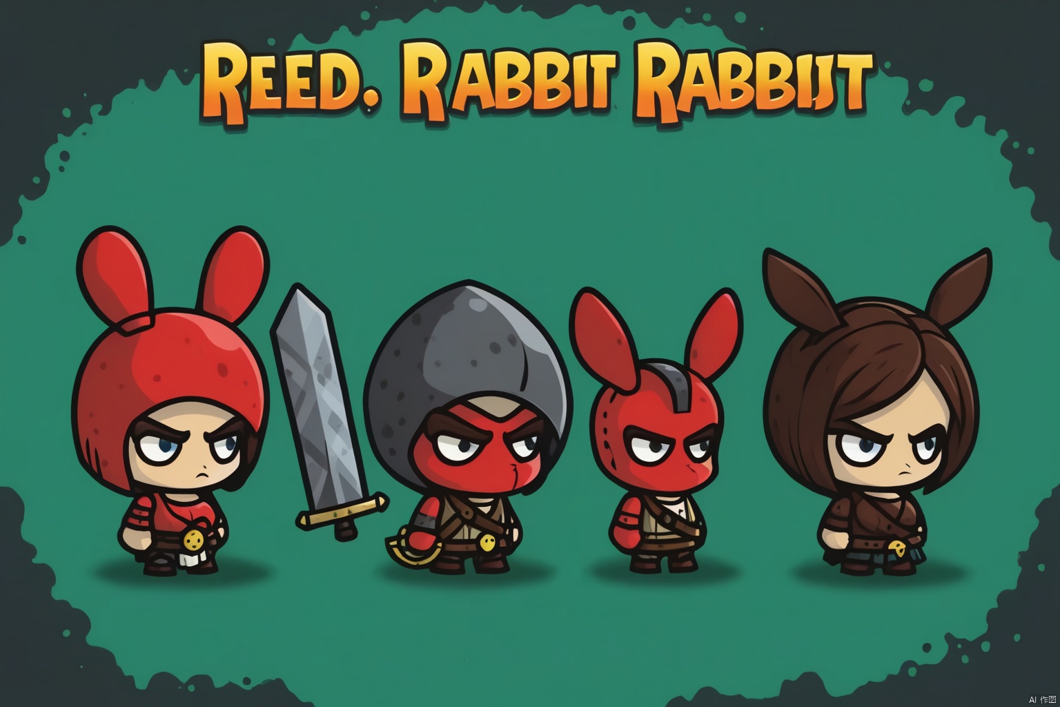  Poster, 2d game character, Masterpiece, title, three game characters, Red Rabbit