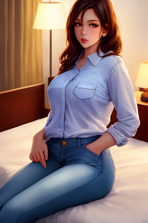 1girl, solo, long hair, looking at viewer, brown hair, shirt, black hair, brown eyes, sitting, parted lips, pants, indoors, blurry, lips, pillow, bed, buttons, blurry background, on bed, denim, pocket, hand in pocket, jeans, lamp, breast pocket