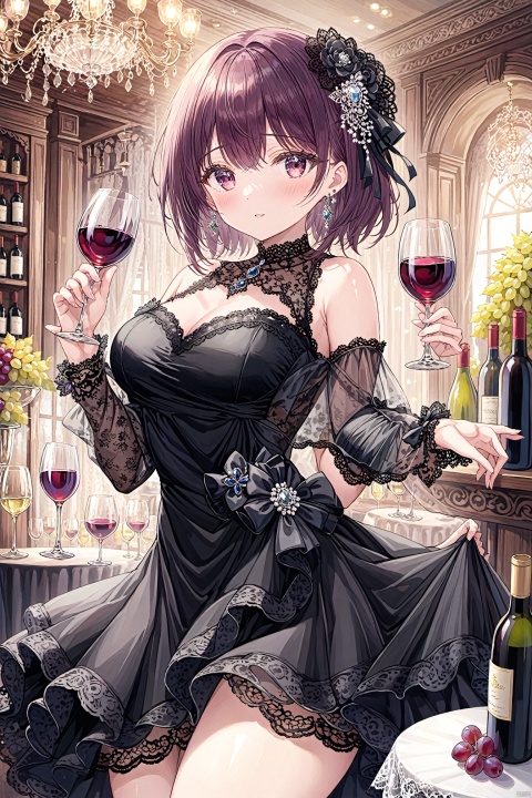 drinking glass, dress, cup, 1girl, skirt hold, wine glass, jewelry, breasts, lifted by self, lace trim, looking at viewer, wine, lace, bangs, clothes lift, black dress, hair ornament