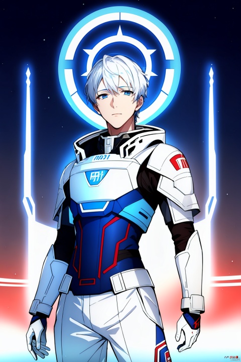  1 boy, blue eyes, white hair, red space suit, (bust: 1.3), dynamic pose, HD, 32k, (Masterpiece: 1.5), magazine cover