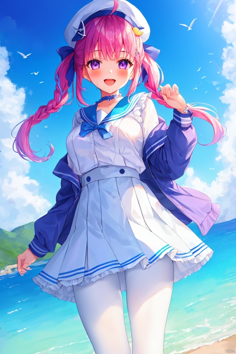 1girl, solo, long hair, breasts, looking at viewer, blush, smile, open mouth, bangs, skirt, shirt, hair ornament, long sleeves, hat, bow, ribbon, twintails, medium breasts, blue hair, standing, purple eyes, jacket, white shirt, pink hair, braid, flower, ahoge, pantyhose, multicolored hair, pleated skirt, hairband, outdoors, frills, open clothes, sky, choker, day, cloud, virtual youtuber, hand up, sailor collar, twin braids, two-tone hair, blue sky, blue skirt, bird, blue bow, white jacket, suspenders, blue sailor collar, white pantyhose, high-waist skirt, railing, watercraft, blue hairband, anchor hair ornament, seagull, frilled sailor collar, minato aqua
