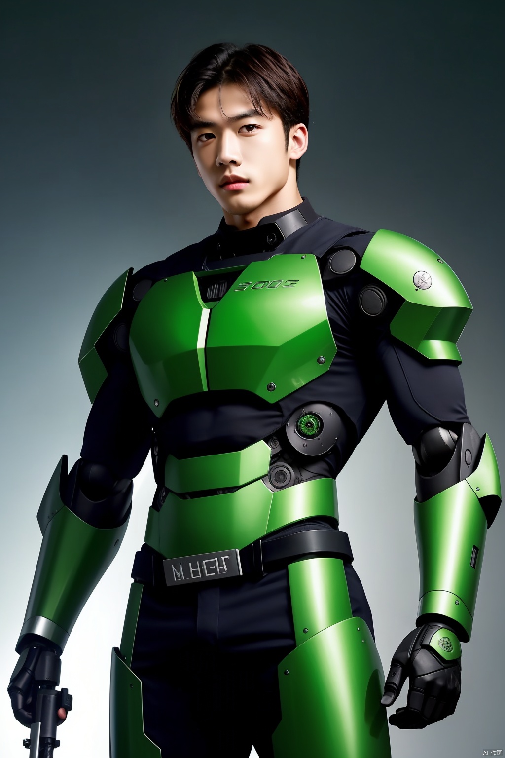  solo, 1boy, weapon, male focus, muscular, colored skin, abs, robot, mecha, science fiction, green skin, manly