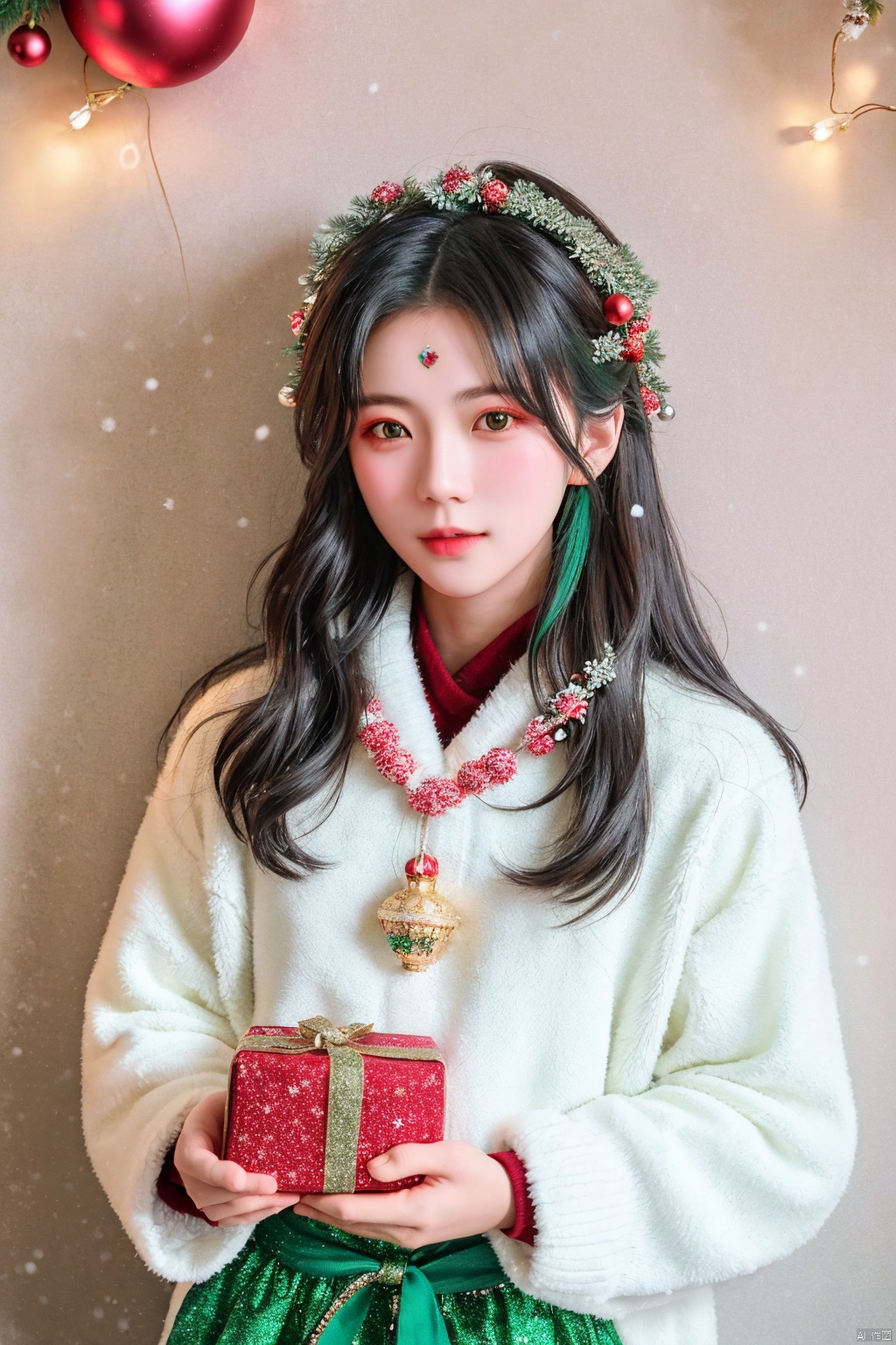  1girl, solo, photo, Snow, outside, Pine, box, christmas tree, merry christmas, holding gift, christmas lights, looking at viewer, bell, ornament, hair ornament, heart-shaped box, UHD, textured skin, high details, 16k, green eyes, qiqi (genshin impact), 1boy