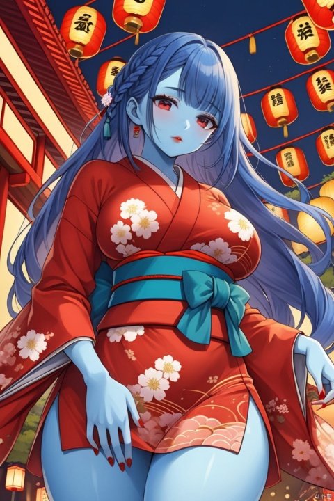 score_9, score_8_up, score_7_up, 1girl, solo, long hair, breasts, looking at viewer, large breasts, dress, blue hair, standing, braid, thighs, japanese clothes, kimono, nail polish, lips, sash, night, colored skin, looking down, short dress, floral print, from below, red dress, red nails, blue skin, paper lantern