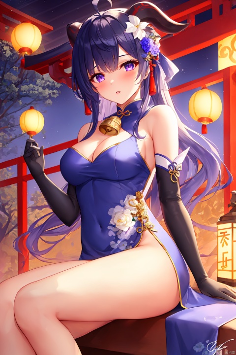 1girl, solo, long hair, breasts, looking at viewer, blush, bangs, hair ornament, gloves, dress, bare shoulders, medium breasts, sitting, blue hair, purple eyes, flower, ahoge, sidelocks, thighs, parted lips, detached sleeves, horns, alternate costume, black gloves, elbow gloves, signature, hair flower, bell, night, blue dress, chinese clothes, moon, white flower, tassel, china dress, neck bell, lantern, vision \(genshin impact\), architecture, goat horns, east asian architecture, paper lantern, flower knot, ganyu \(genshin impact\)
