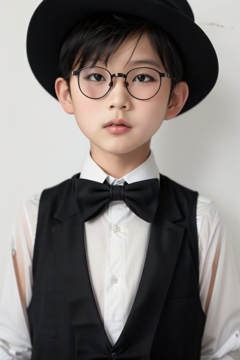  1boy, solo, looking at viewer, short hair, shirt, black hair, hat, bow, white shirt, upper body, glasses, collared shirt, bowtie, vest, lips, plaid, black headwear, black bow, black-framed eyewear, black vest, black bowtie, realistic