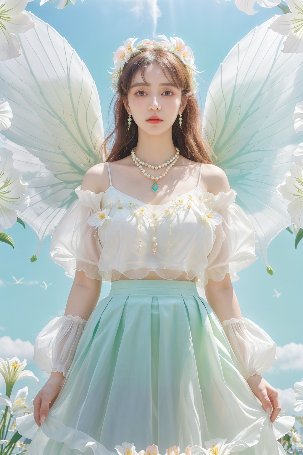 Quality, 8K, extremely intricate details, 1 girl, Lolita, careful eyes, transparent wings, gradient art, in the flowers, (huge lily :1.1), sky, (White cloud :0.9), full lens, necklace, pearls and jewelry, 1 girl, flowing skirt, light green skirt, huge flowers, wide Angle, hdr