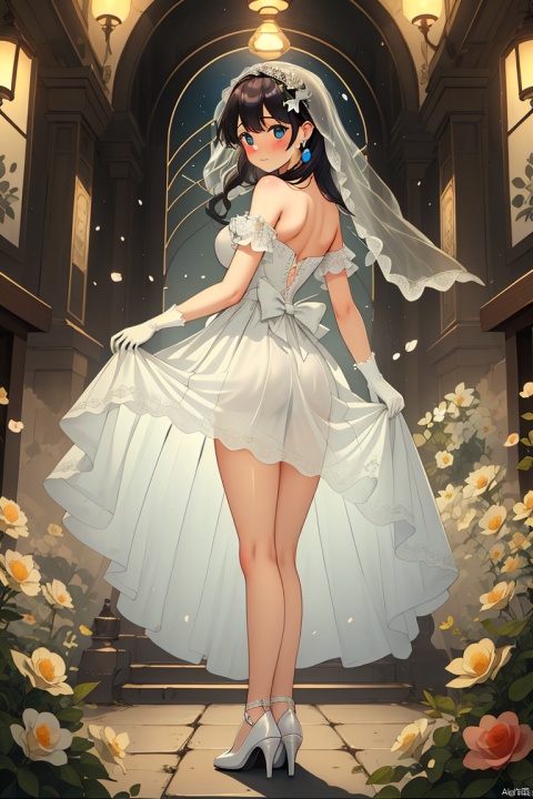  (masterpiece), (best quality), illustration, ultra detailed, hdr, Depth of field, (colorful), loli,1girl, dress, veil, official alternate costume, full body, solo, breasts, long hair, white dress, looking at viewer, blush, jewelry, ass, high heels, bangs, bridal veil, earrings, standing, gun, bare shoulders, gloves, character name, looking back, white gloves, weapon, blue eyes, from behind, medium breasts, see-through, torn dress, torn clothes, wedding dress, copyright name, closed mouth, watson cross, white footwear, skirt hold, bare legs, flower, sidelocks, hair between eyes, strapless, multicolored hair, back, braid, hair ornament, strapless dress, white flower, light brown hair, crossed legs
, masterpiece