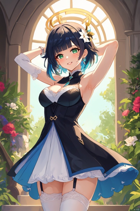 breasts, looking at viewer, smile, short hair, bangs, blue eyes, multiple girls, blonde hair, large breasts, black hair, hair ornament, thighhighs, dress, holding, bare shoulders, jewelry, green eyes, blue hair, standing, flower, white hair, multicolored hair, cowboy shot, earrings, parted lips, detached sleeves, sleeveless, alternate costume, indoors, hair flower, 3girls, blunt bangs, armpits, mole, black dress, arm up, fur trim, sleeveless dress, blue dress, garter straps, halo, gem, tassel, lace trim, stairs, vision \(genshin impact\), lace-trimmed legwear, coin, dice, diagonal bangs, chandelier, lumine \(genshin impact\), paimon \(genshin impact\), yelan \(genshin impact\)