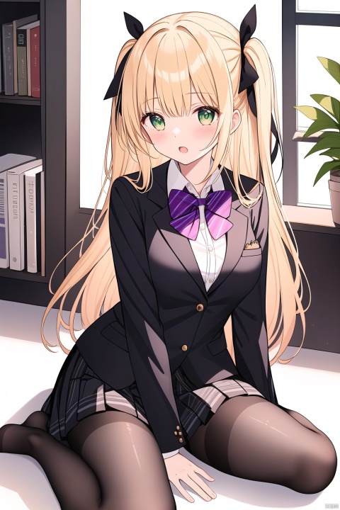  1girl, solo, long hair, breasts, looking at viewer, blush, open mouth, bangs, skirt, blonde hair, shirt, long sleeves, bow, ribbon, sitting, school uniform, green eyes, jacket, full body, hair ribbon, white shirt, pantyhose, pleated skirt, collared shirt, indoors, bowtie, two side up, black jacket, book, plaid, black pantyhose, window, black ribbon, plaid skirt, wariza, no shoes, stuffed toy, blazer, between legs, purple skirt, bookshelf