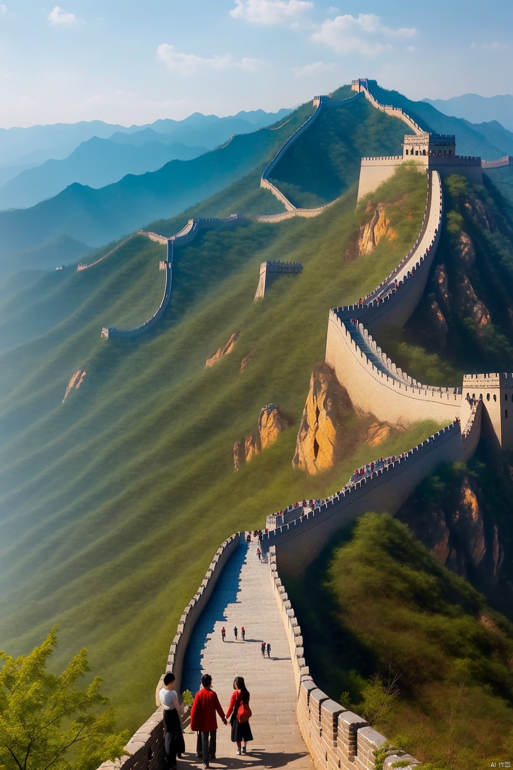  A breathtaking masterpiece featuring the stunning beauty of the Great Wall of China in an 8k resolution. The image showcases the intricate details and complexity of this ancient architectural wonder. The scene is bathed in vibrant colors, with a vibrant red dominating the composition, symbolizing the rich cultural heritage of China. Towering mountains serve as a majestic backdrop, accentuating the grandeur of the Great Wall. Lush trees dot the landscape, adding a touch of serenity to the scene. The sky is adorned with fluffy, white clouds, hinting at a calm and peaceful day. The image is rendered with the utmost precision and clarity, capturing every minutiae of the Great Wall and its surroundings. The scene is bathed in natural sunlight, casting a warm, golden glow on the entire composition, enhancing the overall visual appeal.

, Wide angle,hdr