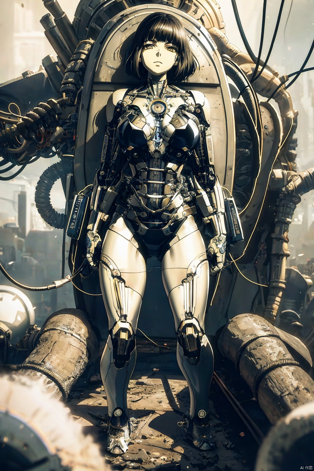  masterpiece,best quality,1mechanical girl,detailed face,shadows,8k,ultra sharp,metal,intricate,ornaments detailed,cold colors,egypician detail,highly intricate details,rending on cgsociety,facing camera,machanical limbs,mechanical cervial attaching to neck,wires and cables connecting to head,killing machine,ghost in the shell,((anime art style)),