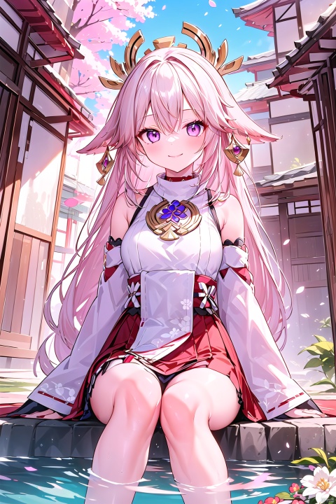  1girl, solo, long hair, breasts, looking at viewer, smile, bangs, skirt, shirt, hair ornament, long sleeves, animal ears, hair between eyes, bare shoulders, jewelry, sitting, very long hair, closed mouth, purple eyes, white shirt, pink hair, thighs, earrings, outdoors, detached sleeves, japanese clothes, wide sleeves, water, tree, cup, petals, fox ears, sleeveless shirt, red skirt, floral print, cherry blossoms, nontraditional miko, lantern, yokozuwari, vision \(genshin impact\), architecture, sakazuki, east asian architecture, yae miko