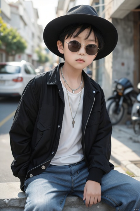 Real,photo,10-year-oldchild, solo, shirt, black hair, 1boy, hat, jewelry, sitting, jacket, male focus, outdoors, day, pants, necklace, blurry, sunglasses, ground vehicle, building, motor vehicle, realistic