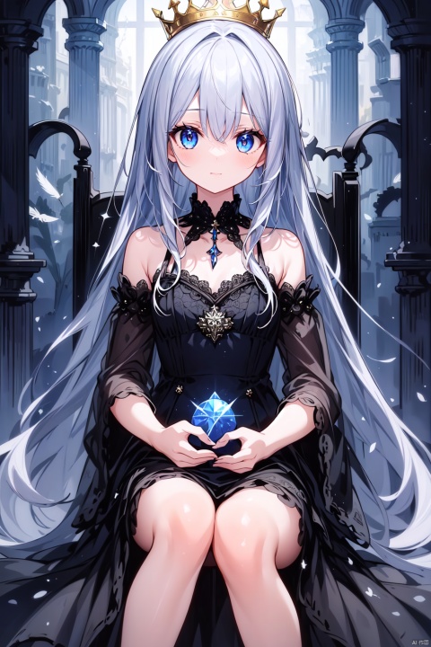  (((masterpiece))),best quality, illustration,(beautiful detailed girl), a girl ,solo,bare shoulders,flat_chst,diamond and glaring eyes,beautiful detailed cold face,very long blue and sliver hair,floaing black feathers,wavy hair,black and white sleeves,gold and sliver fringes,a (blackhole) behind the girl,a silver triple crown inlaid with obsidian,(sit) on the black ((throne)), (depth) of (field)