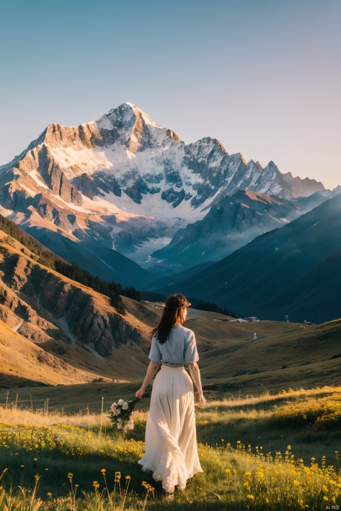 a girl,Mountain, nature, no one, outdoors, scenery, sky, sunset, sunshine, golden mountain, high-definition, 32k, flowing skirts,Giant flowers,