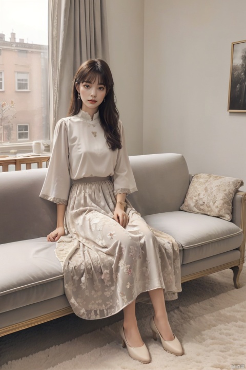  masterpiece, panorama,a girl, solo focus, half_body,long hair, dress, sitting in sofa, a delicate sitting room, a photo frame on the wall, velvet curtains, sofa in modern minimalist style, ((carpet)) on the floor, beautiful flowers, skirt_lift, cns_dress,真实