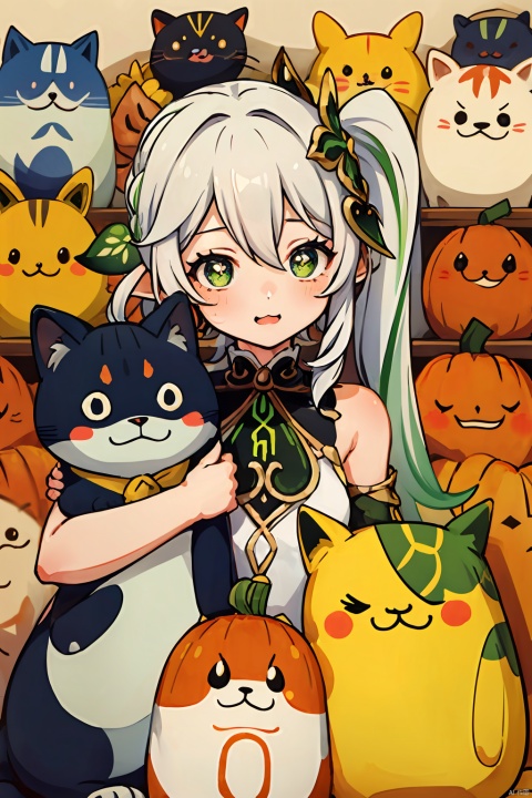 chick,too_many,stuffed_toy,stuffed_animal,stuffed_cat,:3,dog,hamster,teddy_bear,cat,ghost,bird,pokemon_\(creature\),kero,pumpkin,pikachu,jack-o'-lantern,bear,Kamado_Nezuko,WZRYbuzhihuowuYP,sailormoon,1girl,女帝,One piece, nahida