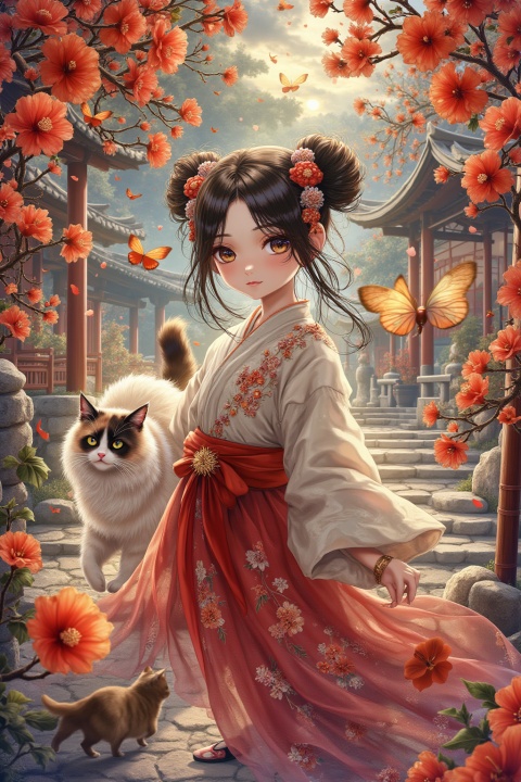 This is a picture in the style of an ancient oil painting illustration. It is blown by the strong wind and has a scene of hibiscus trees in the background, filled with a mysterious atmosphere. The picture is filled with many hibiscus flowers and crabapple branches and leaves, swaying gently in the wind. A long-haired calico cat carefully showed its head to take a peek. Its movements looked very lively and cute. Vision, illustration, overlay, diffuse gradient, full and layered colors. A girl in a gorgeous skirt, fluffy and symmetrical double buns, narrow and long eyes with raised tails, fair skin, symmetrical jewelry, gentle and elegant, her hair is shiny, floodlight, hazy and textured. wind. Complicated drape, contrasting light and dark in the picture. The girl stands next to the cat, looking forward curiously. The overall picture shows a hazy texture. The girl and the cat are glowing with soft light, and the hair is also shining. The details are reasonably complex and the colors are full. The use of freehand techniques seems to have a feeling of infiltration and flow. At the same time, there is a strong contrast between light and shadow, creating a warm and mysterious artistic conception. Fine glitter particles, focused facial expressions, and tense movements. Use high tension composition, motion blur, haze + blur, super blurry texture photography capture, all surrounding objects are blurred, glow + hibiscus flower + butterfly, light and shadow layering, film texture, dreamy light and shadow, texture reflection, refracted light and shadow, light and shadow dispersion, abstract expression, artistic atmosphere, emotional expression and narrative, artistic illustration, surrealist aesthetics, advanced sense of atmosphere, layering There are many butterflies around