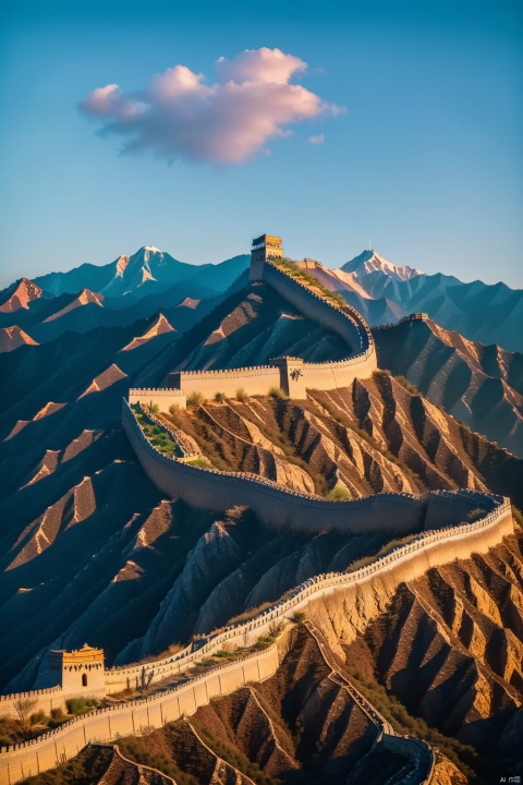  A breathtaking masterpiece featuring the stunning beauty of the Great Wall of China in an 8k resolution. The image showcases the intricate details and complexity of this ancient architectural wonder. The scene is bathed in vibrant colors, with a vibrant red dominating the composition, symbolizing the rich cultural heritage of China. Towering mountains serve as a majestic backdrop, accentuating the grandeur of the Great Wall. Lush trees dot the landscape, adding a touch of serenity to the scene. The sky is adorned with fluffy, white clouds, hinting at a calm and peaceful day. The image is rendered with the utmost precision and clarity, capturing every minutiae of the Great Wall and its surroundings. The scene is bathed in natural sunlight, casting a warm, golden glow on the entire composition, enhancing the overall visual appeal.

, Wide angle,hdr