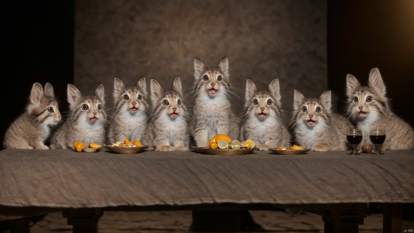  Da Vinci's famous painting "The Last Supper", the characters in the painting, replaced by anthropomorphic stuffed rabbit, digital accurate, real, photo, ultra HD, 16K, realistic, super wide Angle shooting,tusuncub with its mouth open, blurry, open mouth, fangs, photo background, looking at viewer, tongue, full body, solo, (cute and lovely:1.4), Beautiful and realistic eye details, perfect anatomy, (Nonsense:1.4), (pure background:1.4), Centered-Shot, realistic photo, photograph, 4k, hyper detailed, DSLR, 24 Megapixels, 8mm Lens, Full Frame, film grain, Global Illumination, (studio Lighting:1.4), Award Winning Photography, diffuse reflection, ray tracing