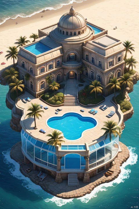 A purely building by the sea, all transparent,strange shape,with a strong artistic sense and a very innovative design.white,transparent,swimming pool,Wonderful and bizarre.Photography, cinematic lighting, photorealistic,photo-realistic, 8K, best quality, high resolution