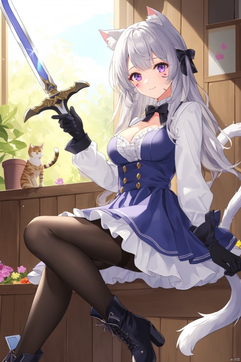 1girl, solo, long hair, breasts, looking at viewer, bangs, skirt, shirt, gloves, long sleeves, dress, bow, holding, animal ears, cleavage, medium breasts, closed mouth, purple eyes, tail, white shirt, weapon, grey hair, pantyhose, boots, frills, black gloves, sword, indoors, cat ears, black footwear, holding weapon, arm up, cat tail, animal ear fluff, black pantyhose, facial mark, holding sword, cat girl, card