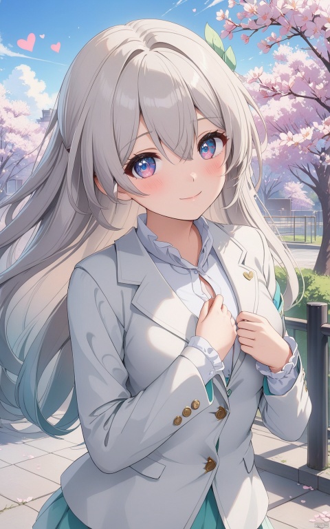  (masterpiece,top quality,best quality,official art,beautiful and aesthetic:1.2),gf-hd,1girl,loli,solo,long hair,lovely smilie,(one eye wink:1.2),(cute tilt),(blazer,white shirt,white blouse:2),cozy,v,love heart,schoolyard,cherry blossoms,robinSR, Anime style