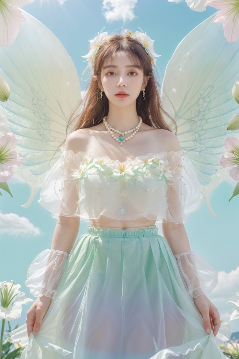 Quality, 8K, extremely intricate details, 1 girl, Lolita, careful eyes, transparent wings, gradient art, in the flowers, (huge lily :1.1), sky, (White cloud :0.9), full lens, necklace, pearls and jewelry, 1 girl, flowing skirt, light green skirt, huge flowers, wide Angle, hdr