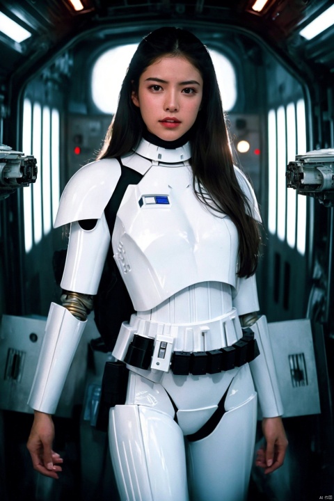  from Star Wars , (RAW photo, 4k, masterpiece, high res, extremely intricate) (photorealistic:1.4), cinematic lighting 1girl, solo focus, summer noon, hot, 1990s \(style\),cowboy shot,indoors,the upper part of the body, masterpiece, best quality, masterpiece,best quality,official art,extremely detailed CG unity 8k wallpaper, beautiful detailed eyes, artbook, photo, real, realistic, futuristic knight, (silver, long hair), mecha girl, mechanical parts, space station, Expressive Hues, Vibrant Palette,B lack and white clothes,