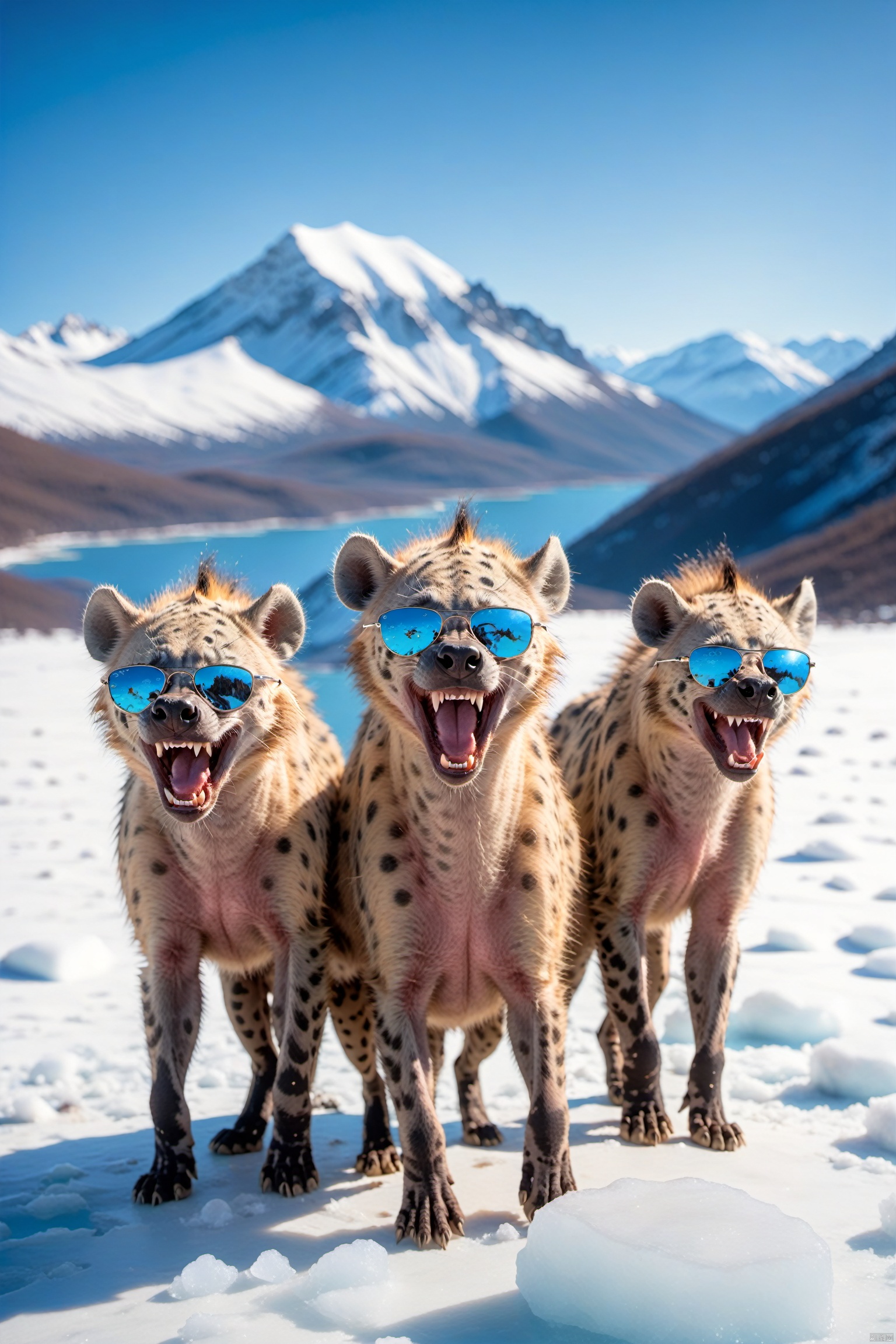 A pack of hyenas in stylish sunglasses, surprised, cute, laughing, outdoors, sky, day, blue sky, no humans, scenery, snow, reflection, ice, mountain, motion blur, lake, frozen