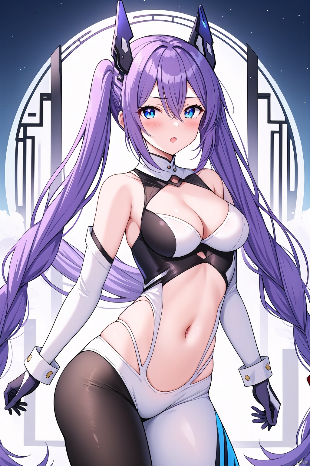  1girl, solo, long hair, breasts, looking at viewer, blush, bangs, blue eyes, hair ornament, gloves, navel, cleavage, hair between eyes, twintails, medium breasts, very long hair, purple hair, ass, braid, cowboy shot, twin braids, symbol-shaped pupils, clothing cutout, bodysuit, headgear, purple heart, eastern dragon,Chinese dragon