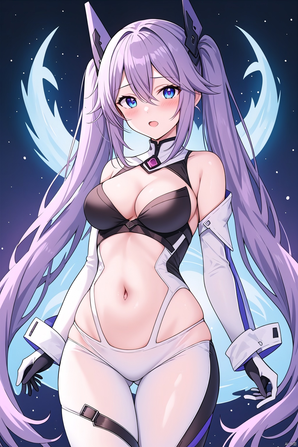  1girl, solo, long hair, breasts, looking at viewer, blush, bangs, blue eyes, hair ornament, gloves, navel, cleavage, hair between eyes, twintails, medium breasts, very long hair, purple hair, ass, braid, cowboy shot, twin braids, symbol-shaped pupils, clothing cutout, bodysuit, headgear, purple heart, eastern dragon,Chinese dragon