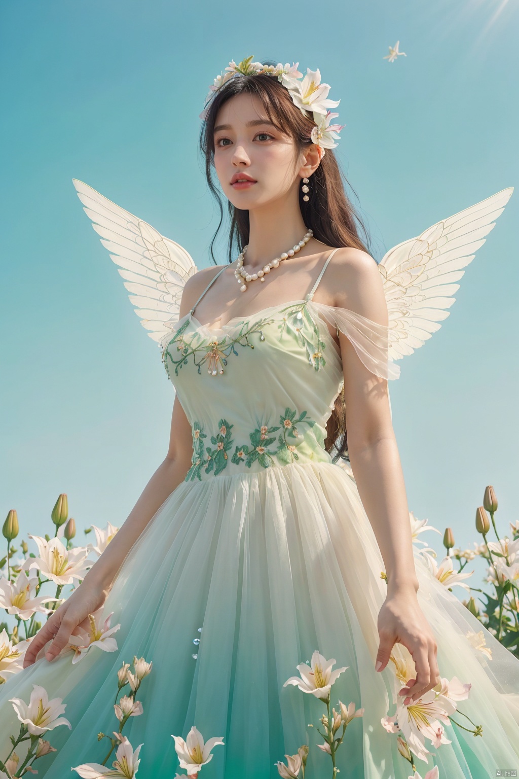  Quality, 8K, extremely intricate details, 1 girl, Lolita, gradient color, careful eyes, transparent wings, gradient art, in the flowers, (huge lily :1.1), sky, (White cloud :0.9), full lens, necklace, pearls and jewelry, 1 girl, flowing dress, light green dress, huge flowers, wide Angle, hdr, sd_mai