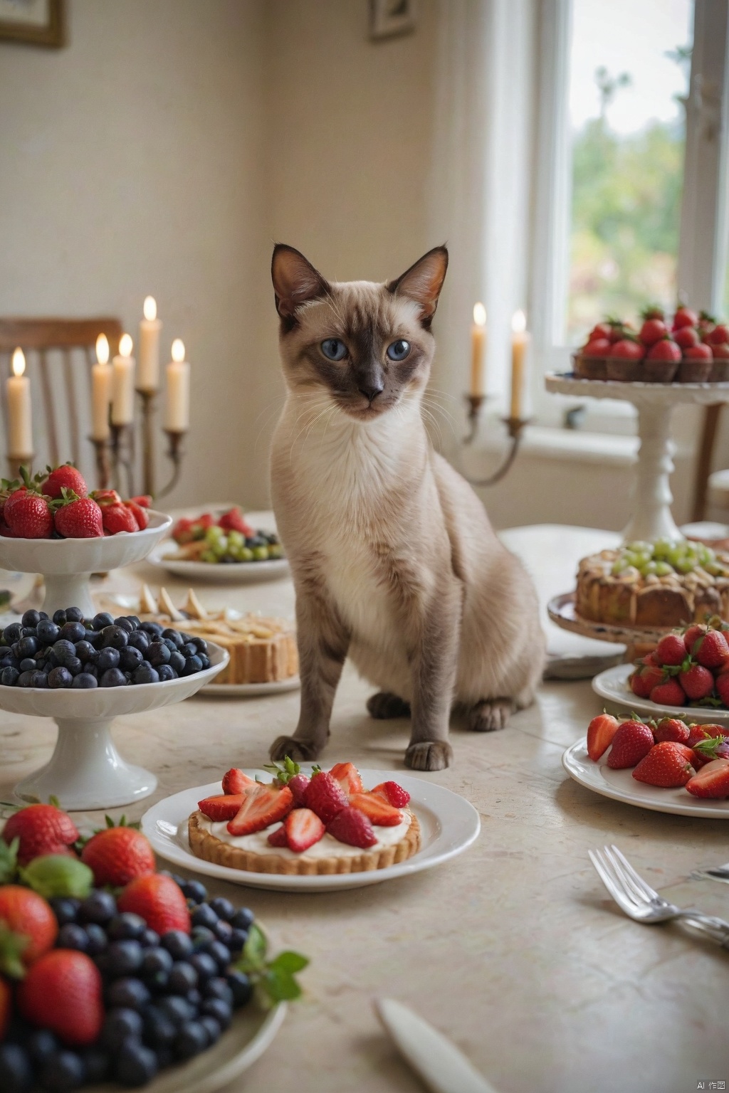  score_9, score_8_up, score_7_up, score_6_up, score_5_up, score_4_up,
Food, Indoor, Blur, no people, fruit, Depth of Field, animals, table, Siamese cat, plate, cake, Reality, strawberries, candles, Animal focus, grapes, Food focus, Blueberries