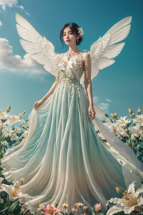  Quality, 8K, extremely intricate details, 1 girl, Lolita, gradient color, careful eyes, transparent wings, gradient art, in the flowers, (huge lily :1.1), sky, (White cloud :0.9), full lens, necklace, pearls and jewelry, 1 girl, flowing dress, light green dress, huge flowers, wide Angle, hdr, sd_mai