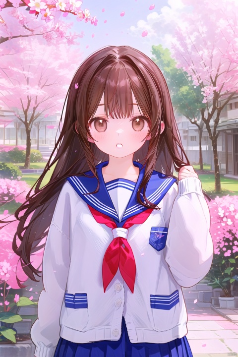 1girl, solo, long hair, looking at viewer, blush, open mouth, bangs, skirt, brown hair, shirt, long sleeves, brown eyes, school uniform, standing, upper body, flower, outdoors, parted lips, sky, serafuku, day, hand up, sailor collar, tree, blue sky, neckerchief, sleeves past wrists, petals, cardigan, blue sailor collar, cherry blossoms, red neckerchief, white cardigan