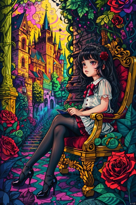  masterpiece, ((best quality)), (ultra-detailed), (illustration), an extremely delicate and beautiful girl, dynamic angle, chromatic aberration, ((colorful)),//,1girls,loli,(petite child:1.1),//,(in Gothic castle),girl with black hair,red eyes,Vertical pupil,long hair,hair arrangement,(Detailed face description),(batwing),(Gothic Lolita),(bat tail),alccandlestick,Cathedral glass,,short skirt,black pantyhose,red lace,high heels,rose tattoo,throne,sitting,crossedlegs,//,,