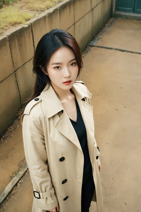 Bird’s-eye view,young adult female,healthy lifestyle,shabby Negotiator's Outfit: Trench coat,Coven meeting site,Bacteria,detailed textures,Fashion portrait sexy asian young woman,film grain texture,analog photography aesthetic,visual storytelling,dynamic composition,looking at viewer,eye contact,nsfw,